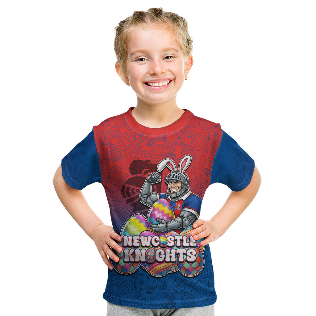 Personalized Newcastle Knights Kid T Shirt Easter Mascot - Colorful Eggs Cartoon Style