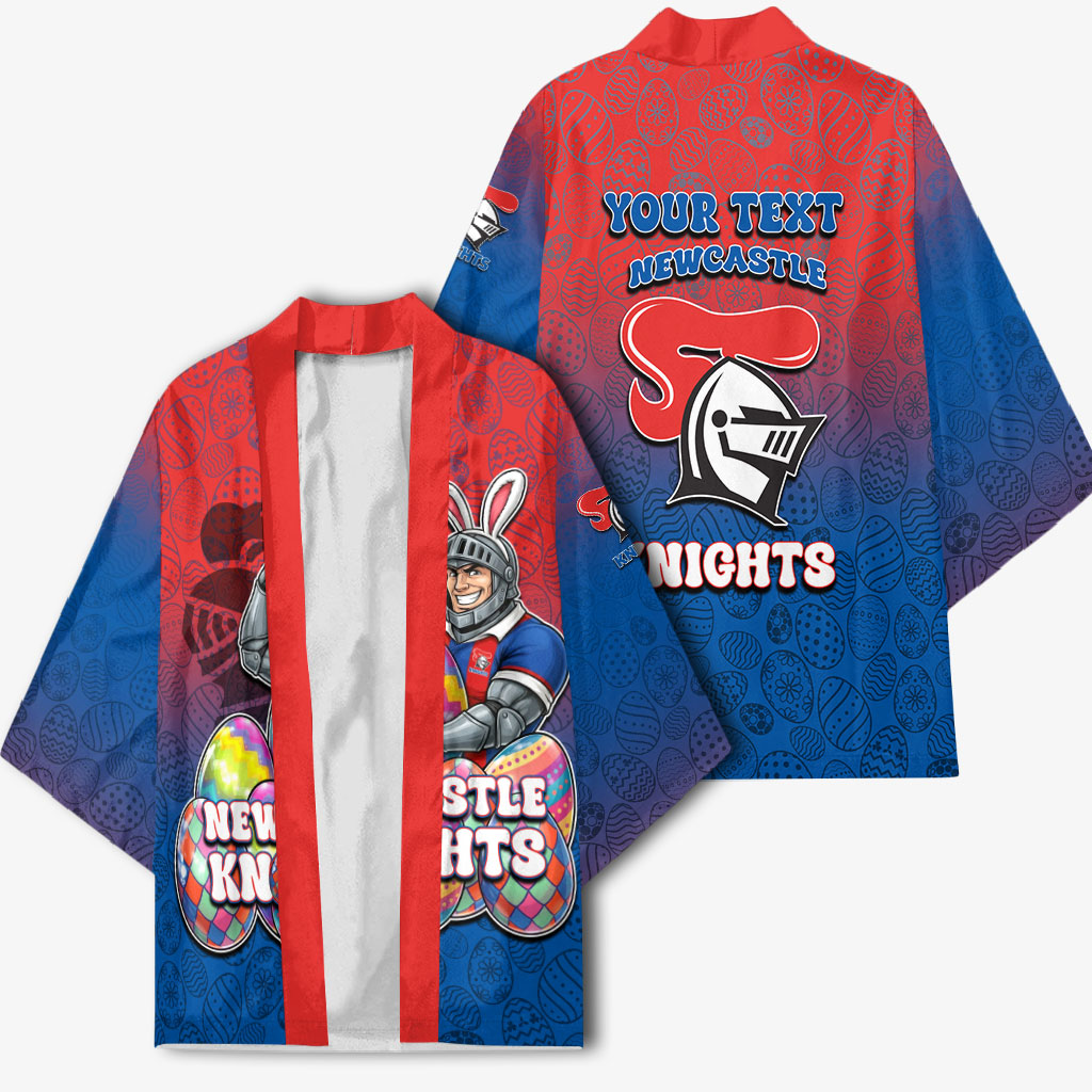 Personalized Newcastle Knights Kimono Easter Mascot - Colorful Eggs Cartoon Style