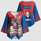 Personalized Newcastle Knights Kimono Sleeve Blouse Easter Mascot - Colorful Eggs Cartoon Style
