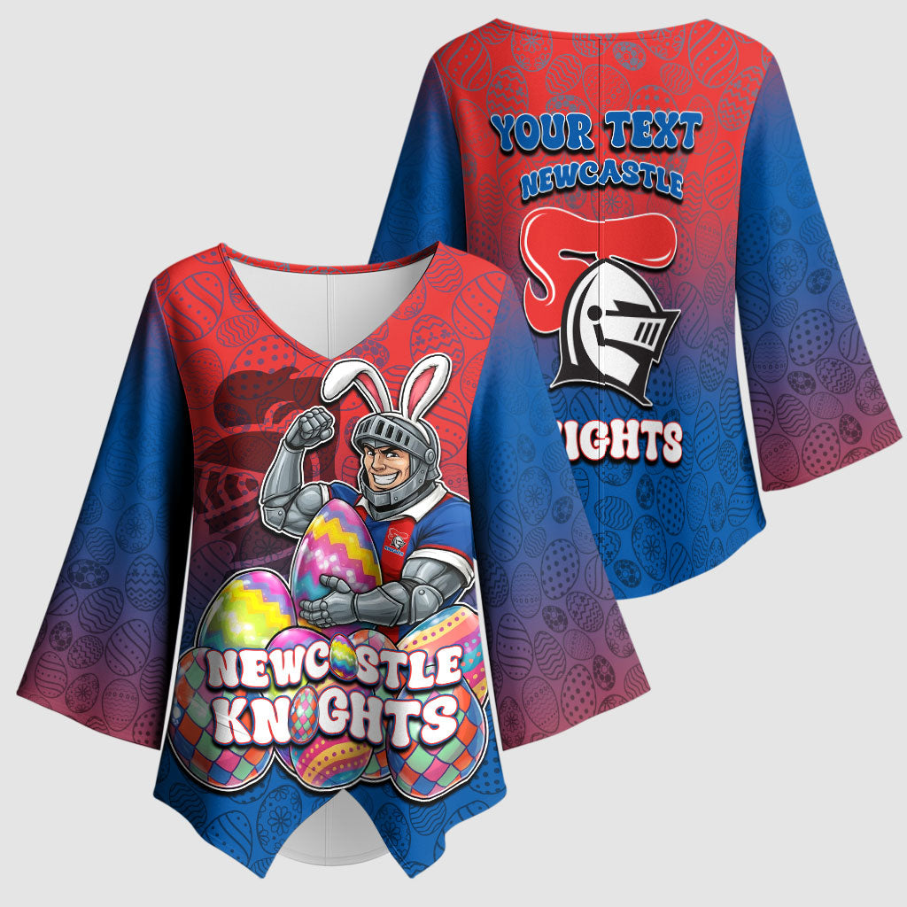 Personalized Newcastle Knights Kimono Sleeve Blouse Easter Mascot - Colorful Eggs Cartoon Style