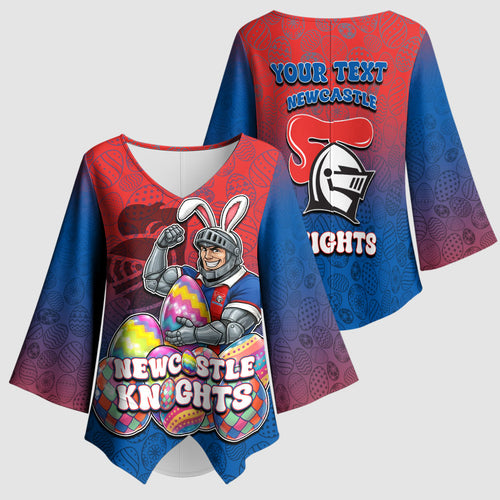 Personalized Newcastle Knights Kimono Sleeve Blouse Easter Mascot - Colorful Eggs Cartoon Style