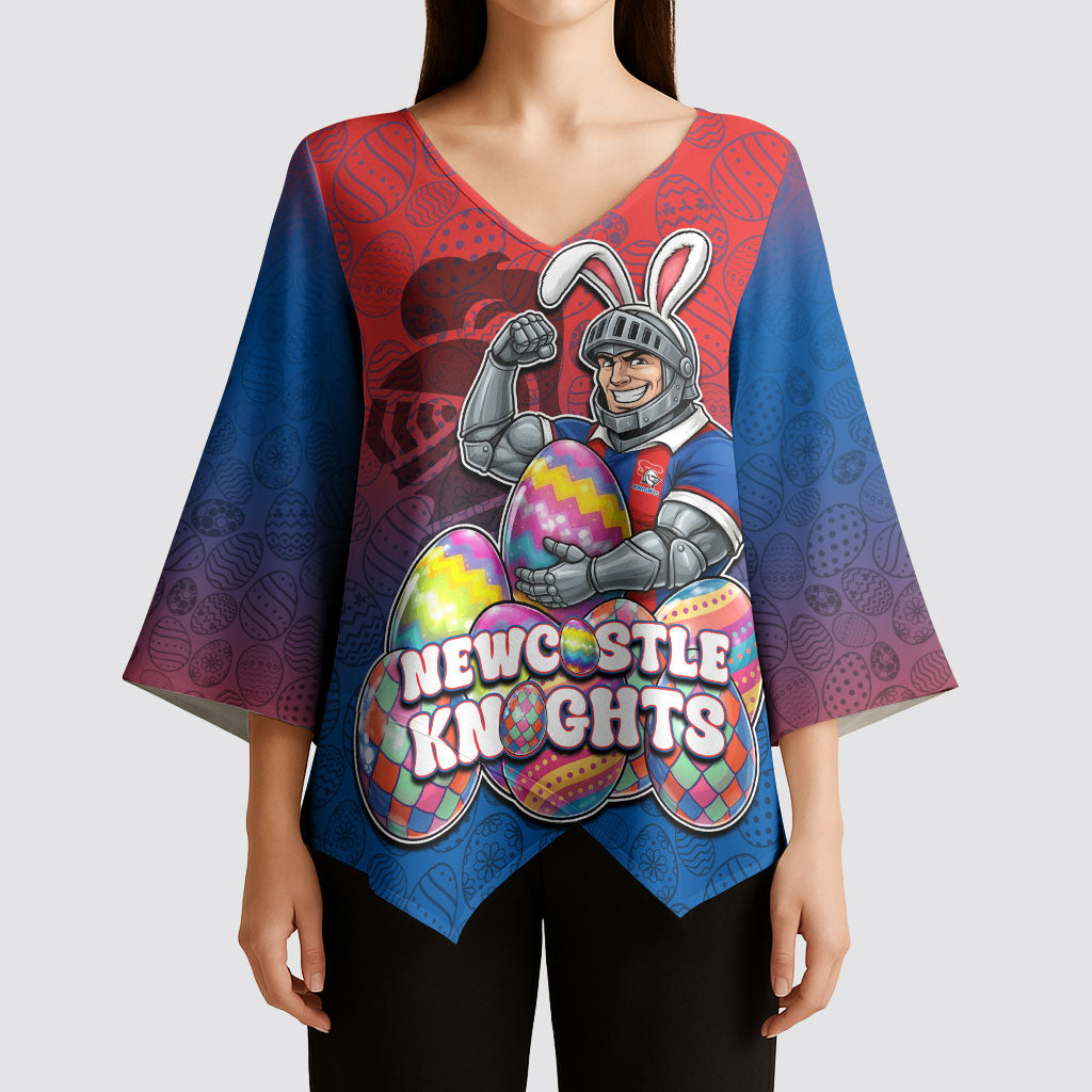 Personalized Newcastle Knights Kimono Sleeve Blouse Easter Mascot - Colorful Eggs Cartoon Style