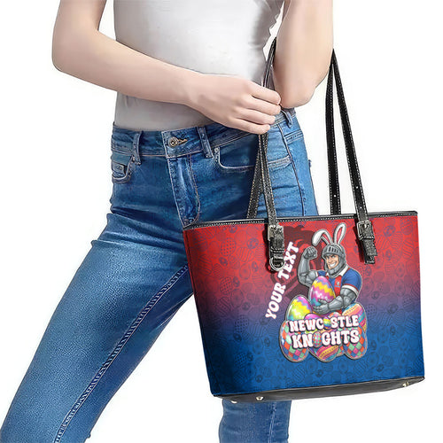 Personalized Newcastle Knights Leather Tote Bag Easter Mascot - Colorful Eggs Cartoon Style