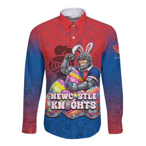 Personalized Newcastle Knights Long Sleeve Button Shirt Easter Mascot - Colorful Eggs Cartoon Style