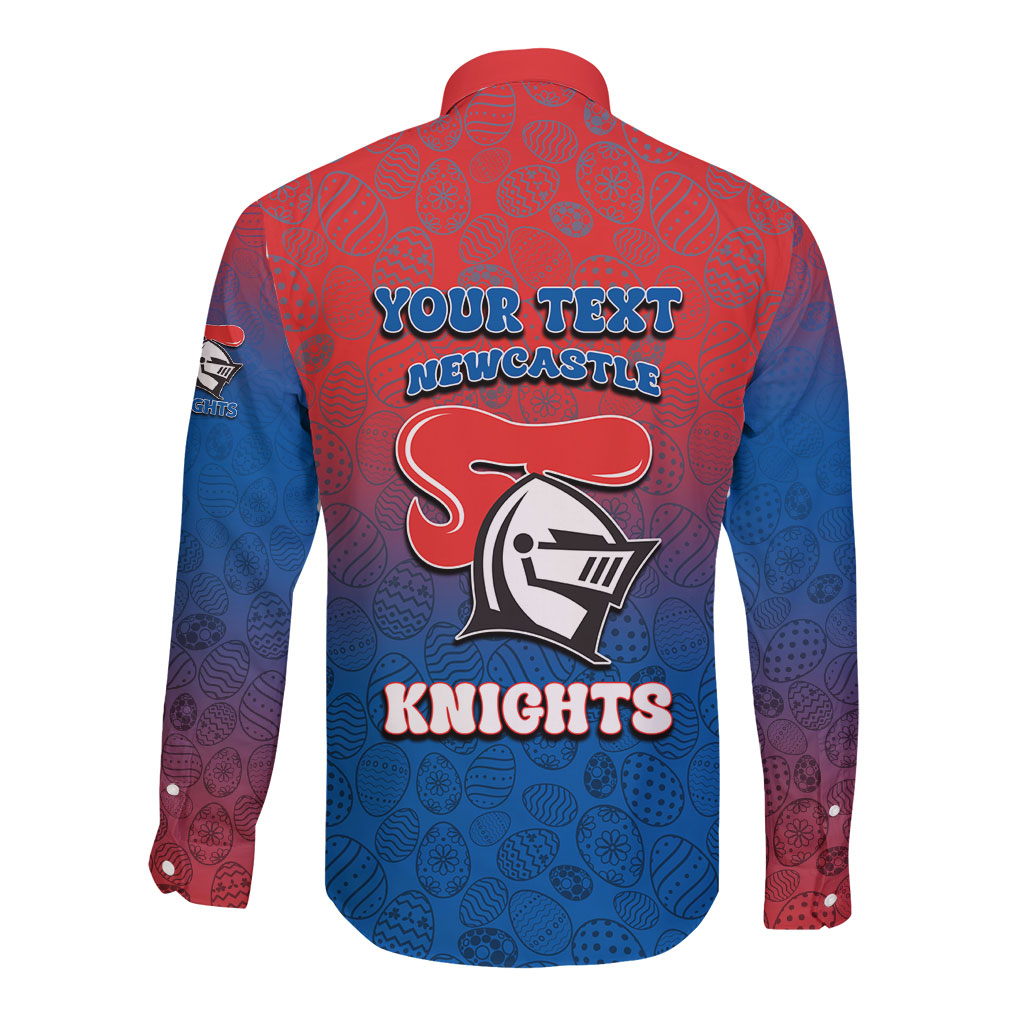 Personalized Newcastle Knights Long Sleeve Button Shirt Easter Mascot - Colorful Eggs Cartoon Style