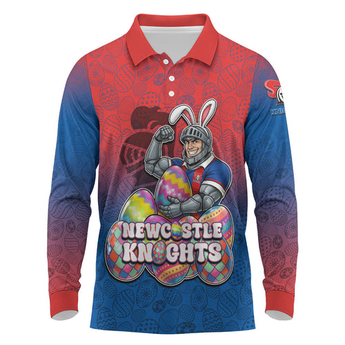 Personalized Newcastle Knights Long Sleeve Polo Shirt Easter Mascot - Colorful Eggs Cartoon Style