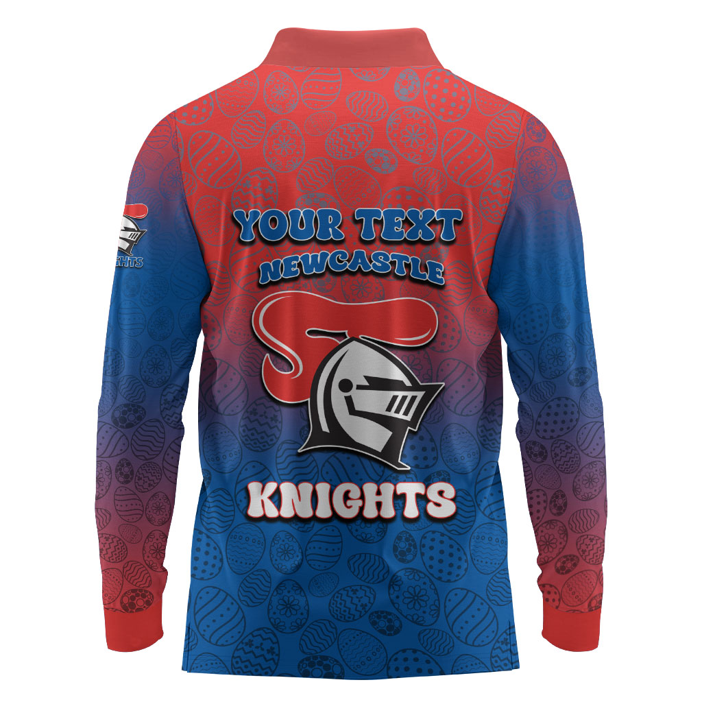 Personalized Newcastle Knights Long Sleeve Polo Shirt Easter Mascot - Colorful Eggs Cartoon Style