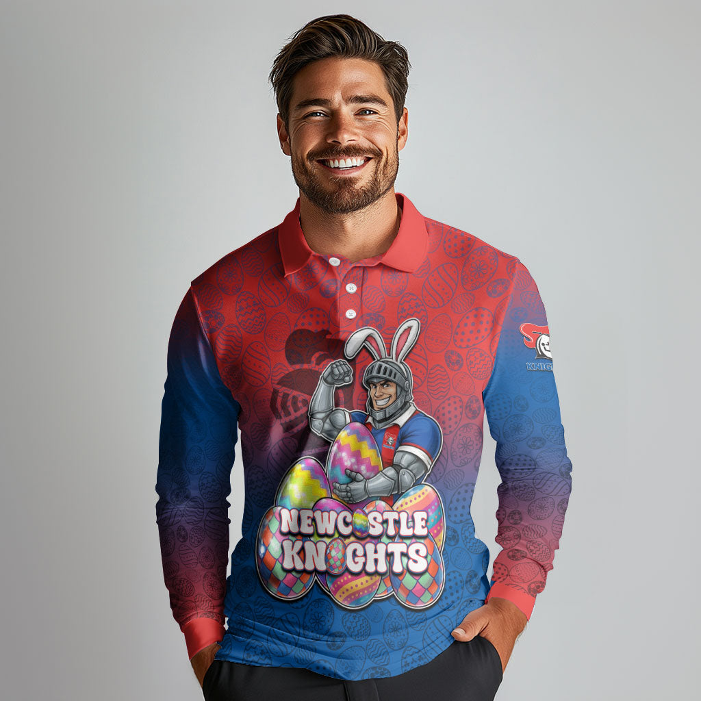 Personalized Newcastle Knights Long Sleeve Polo Shirt Easter Mascot - Colorful Eggs Cartoon Style