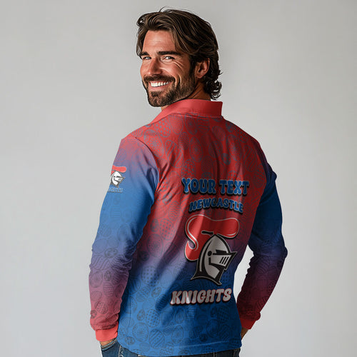 Personalized Newcastle Knights Long Sleeve Polo Shirt Easter Mascot - Colorful Eggs Cartoon Style