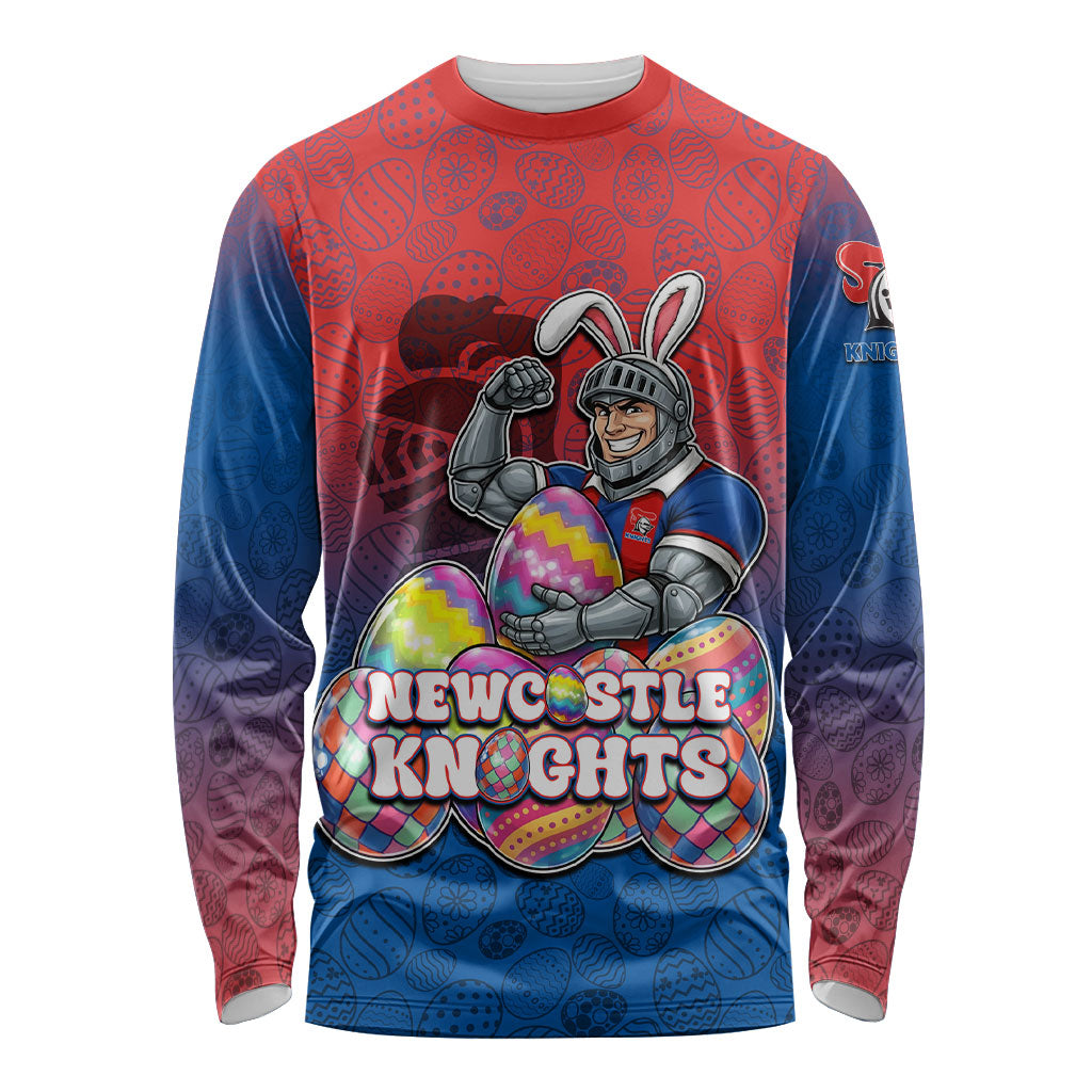Personalized Newcastle Knights Long Sleeve Shirt Easter Mascot - Colorful Eggs Cartoon Style