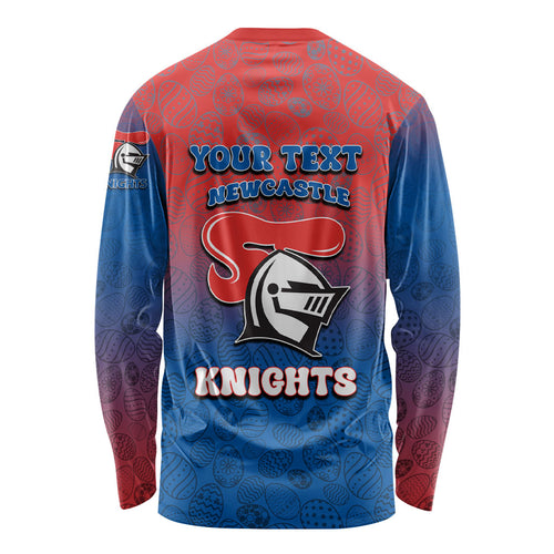 Personalized Newcastle Knights Long Sleeve Shirt Easter Mascot - Colorful Eggs Cartoon Style