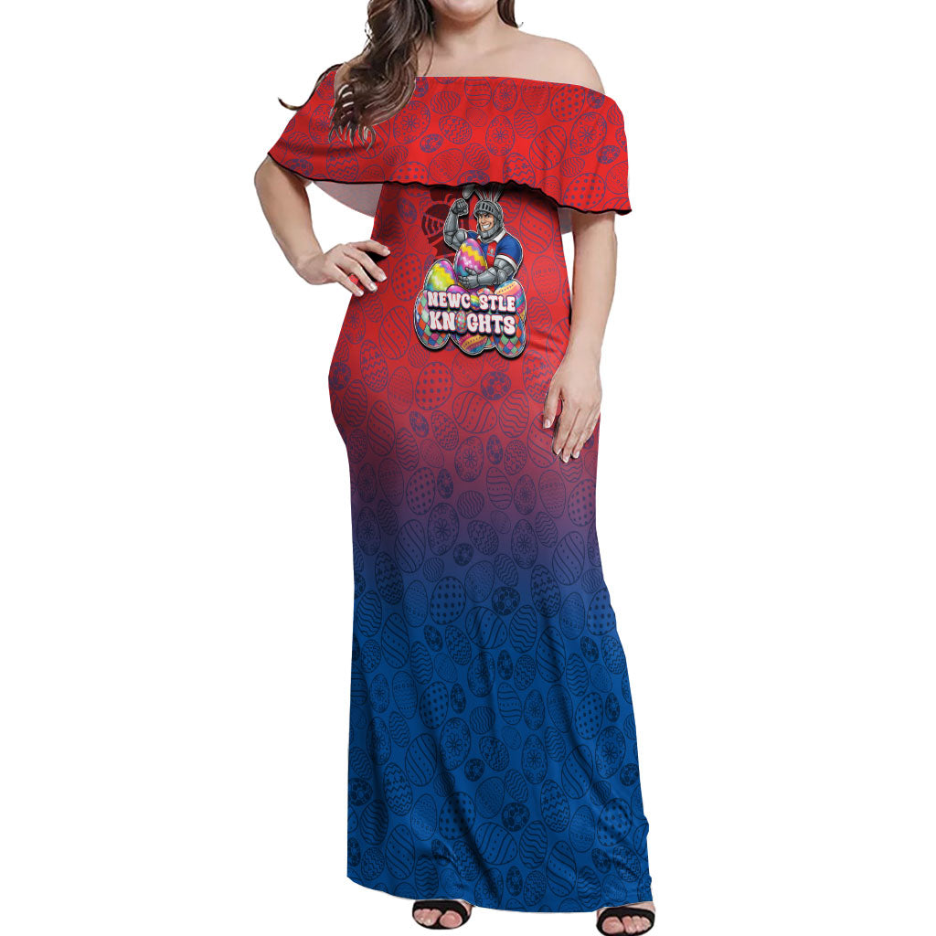 Personalized Newcastle Knights Off Shoulder Maxi Dress Easter Mascot - Colorful Eggs Cartoon Style