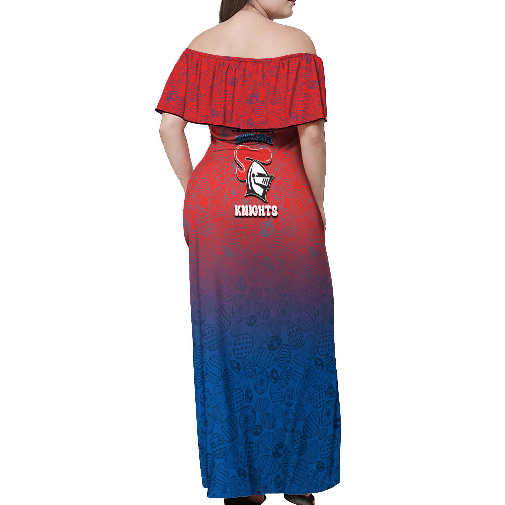 Personalized Newcastle Knights Off Shoulder Maxi Dress Easter Mascot - Colorful Eggs Cartoon Style