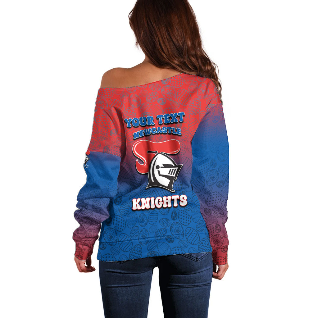 Personalized Newcastle Knights Off Shoulder Sweater Easter Mascot - Colorful Eggs Cartoon Style