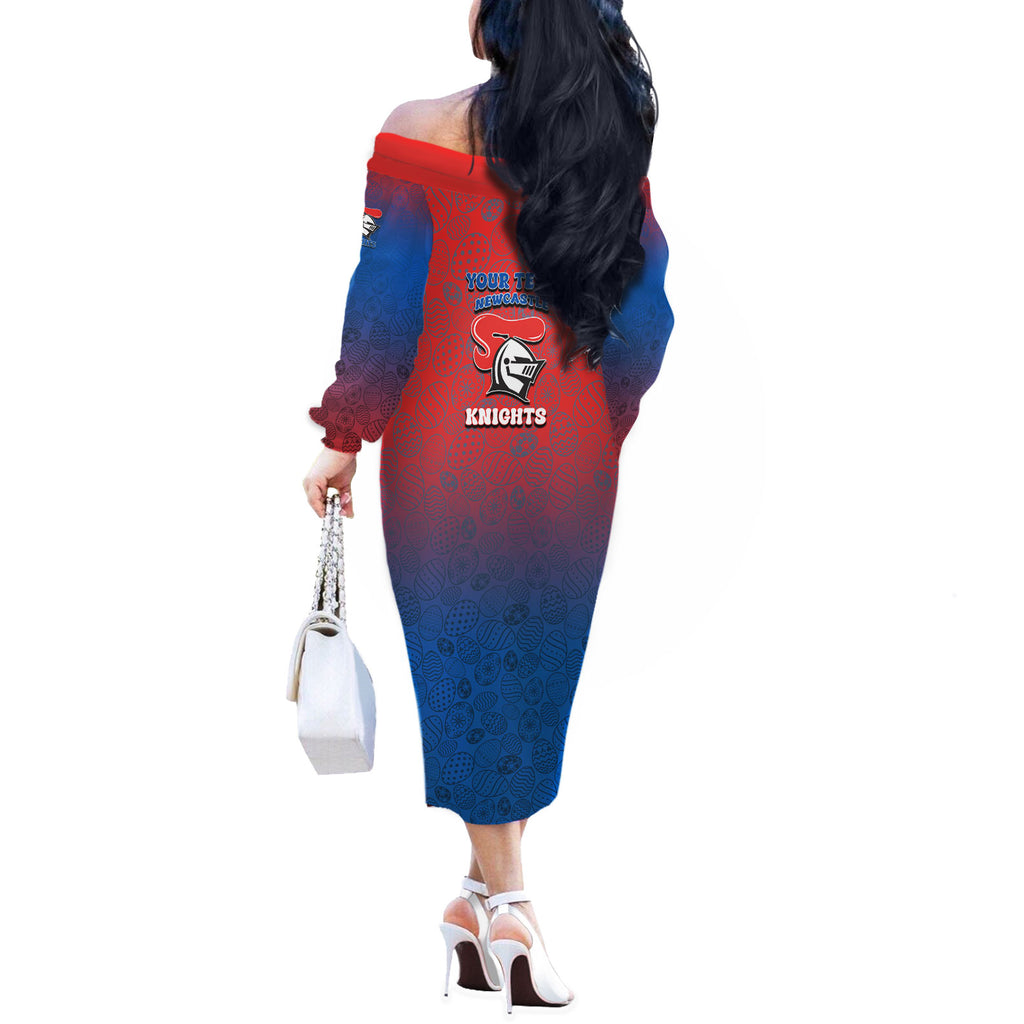Personalized Newcastle Knights Off The Shoulder Long Sleeve Dress Easter Mascot - Colorful Eggs Cartoon Style