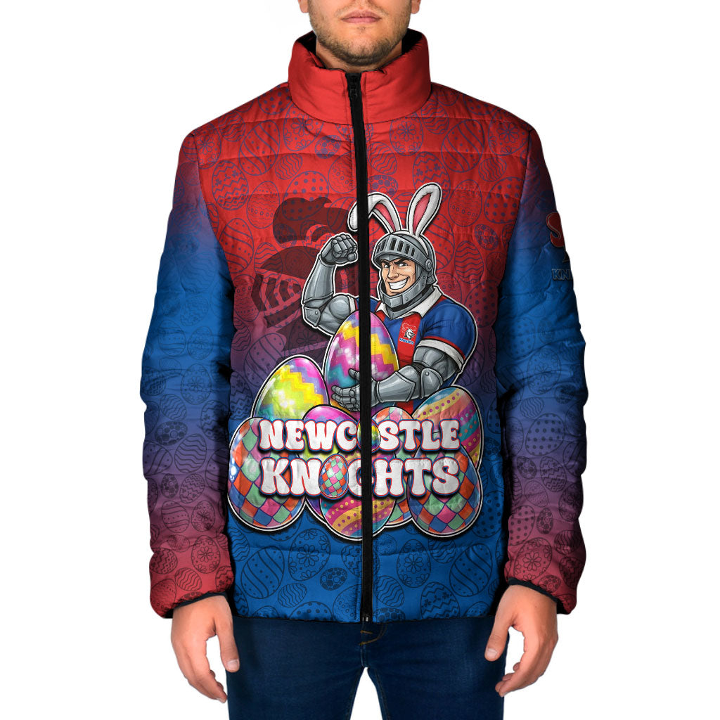 Personalized Newcastle Knights Padded Jacket Easter Mascot - Colorful Eggs Cartoon Style