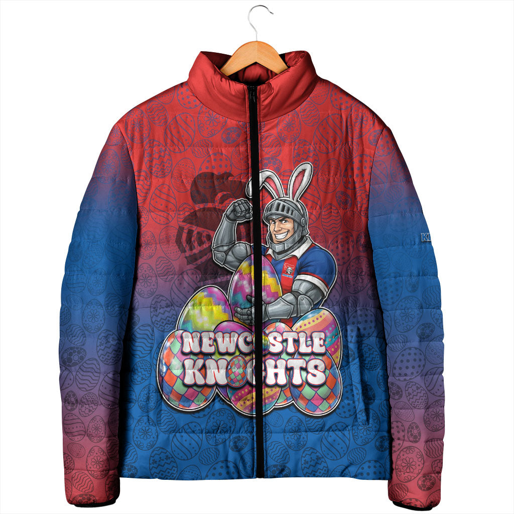 Personalized Newcastle Knights Padded Jacket Easter Mascot - Colorful Eggs Cartoon Style