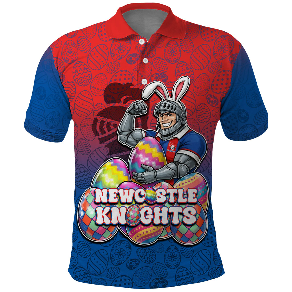 Personalized Newcastle Knights Polo Shirt Easter Mascot - Colorful Eggs Cartoon Style