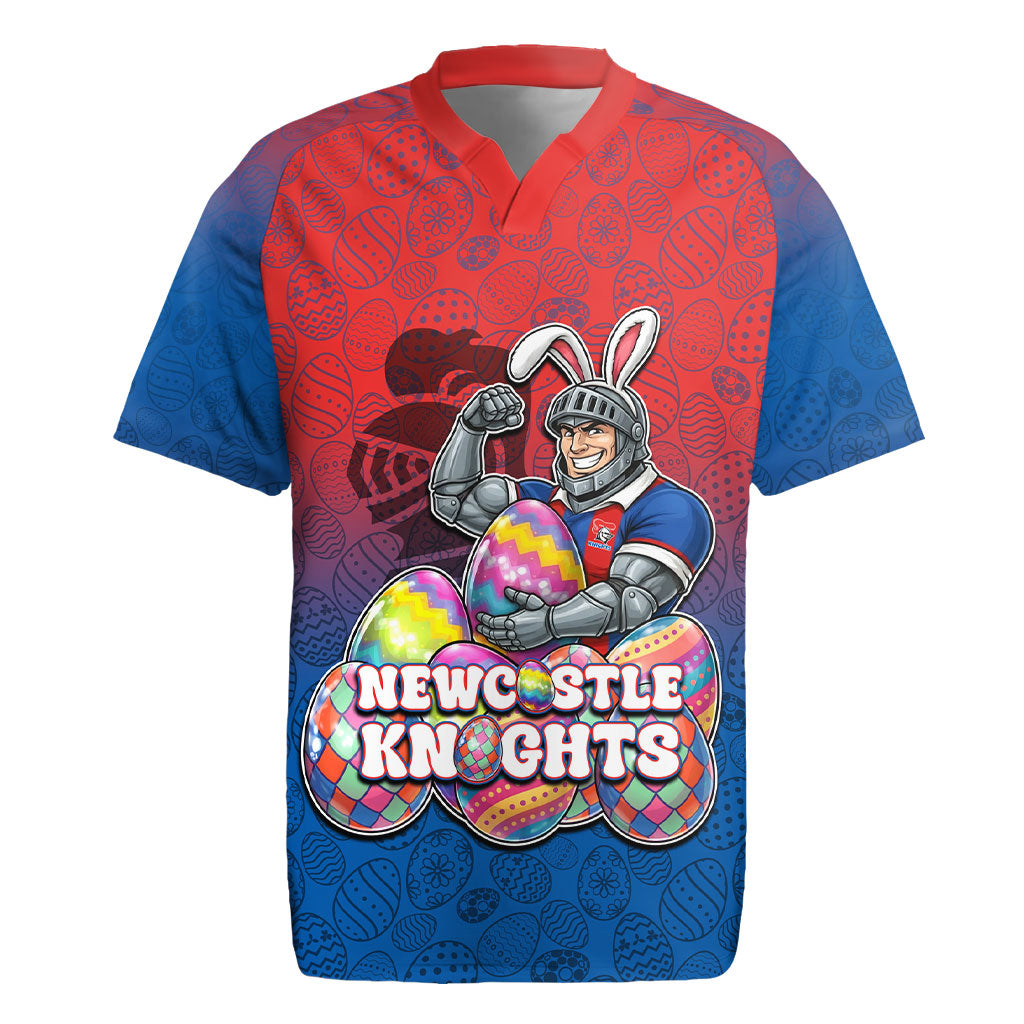 Personalized Newcastle Knights Rugby Jersey Easter Mascot - Colorful Eggs Cartoon Style