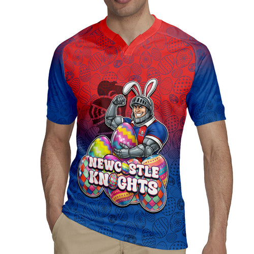 Personalized Newcastle Knights Rugby Jersey Easter Mascot - Colorful Eggs Cartoon Style