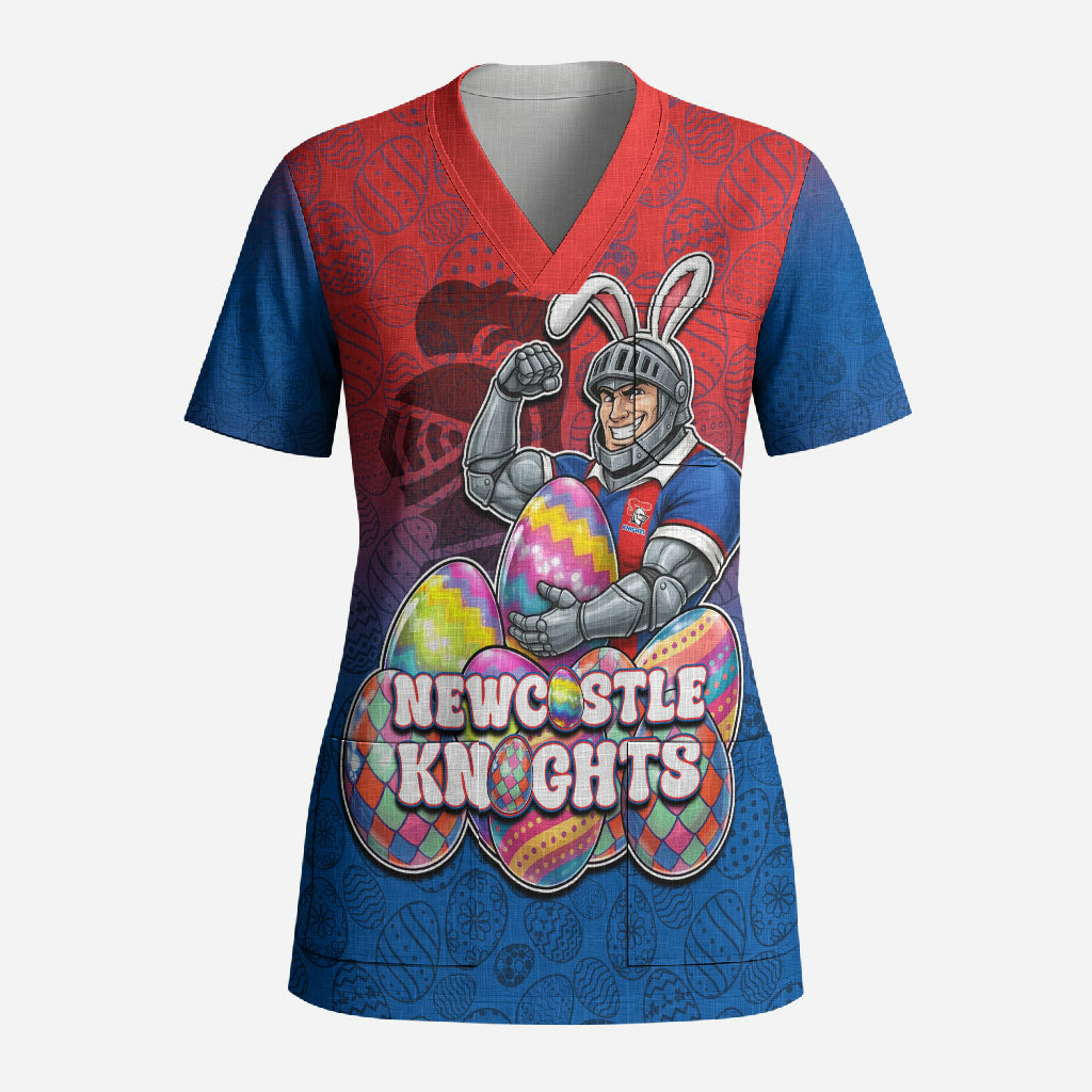 Personalized Newcastle Knights Scrub Top Easter Mascot - Colorful Eggs Cartoon Style