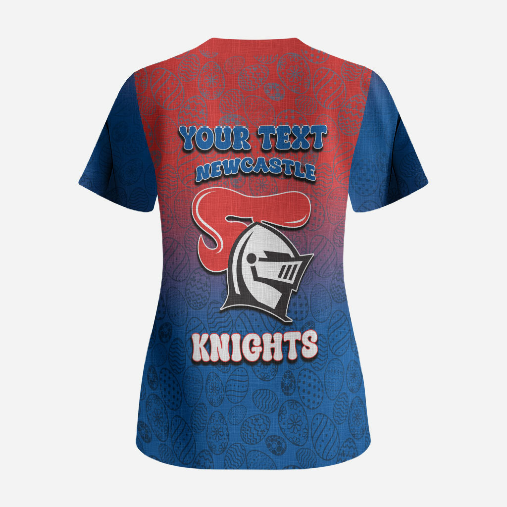 Personalized Newcastle Knights Scrub Top Easter Mascot - Colorful Eggs Cartoon Style