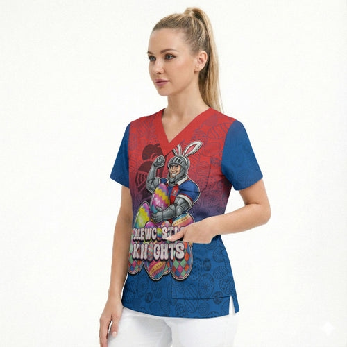 Personalized Newcastle Knights Scrub Top Easter Mascot - Colorful Eggs Cartoon Style