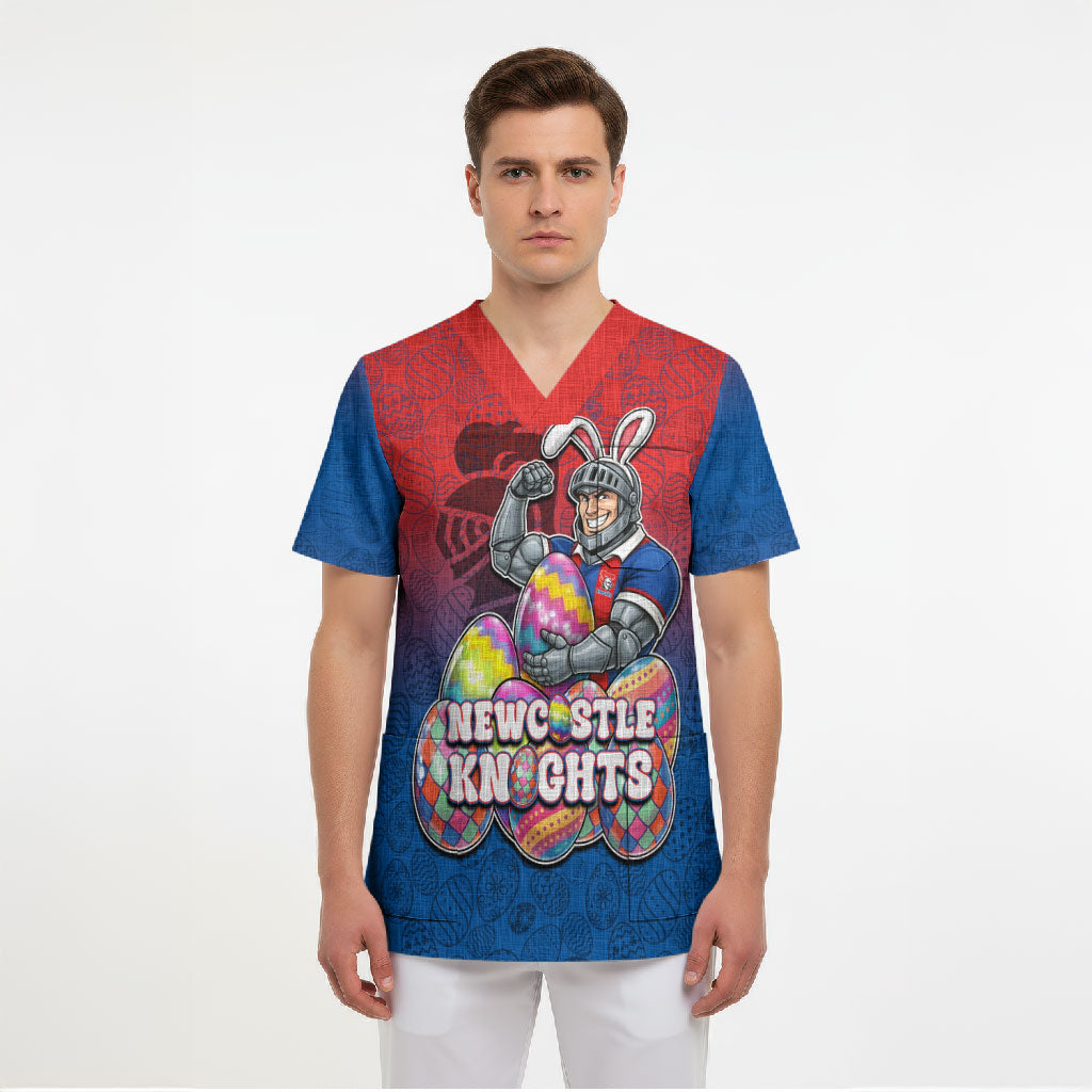 Personalized Newcastle Knights Scrub Top Easter Mascot - Colorful Eggs Cartoon Style