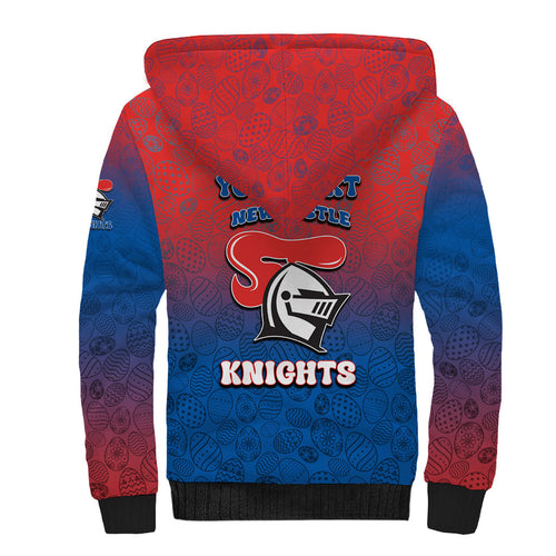 Personalized Newcastle Knights Sherpa Hoodie Easter Mascot - Colorful Eggs Cartoon Style