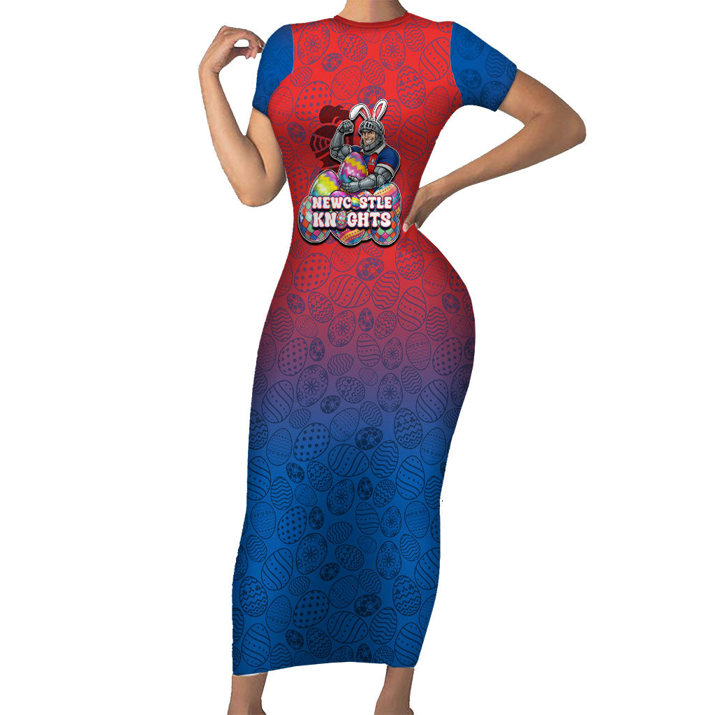 Personalized Newcastle Knights Short Sleeve Bodycon Dress Easter Mascot - Colorful Eggs Cartoon Style