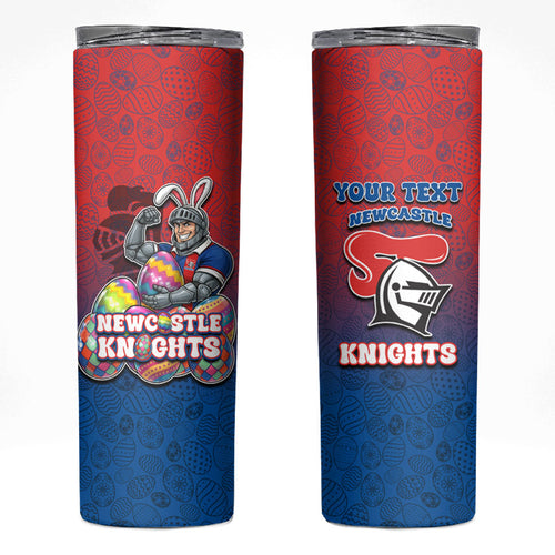 Personalized Newcastle Knights Skinny Tumbler Easter Mascot - Colorful Eggs Cartoon Style