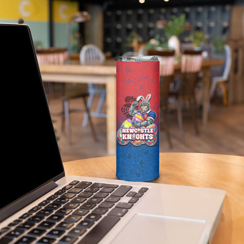 Personalized Newcastle Knights Skinny Tumbler Easter Mascot - Colorful Eggs Cartoon Style