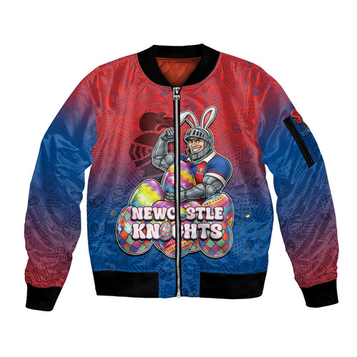 Personalized Newcastle Knights Sleeve Zip Bomber Jacket Easter Mascot - Colorful Eggs Cartoon Style