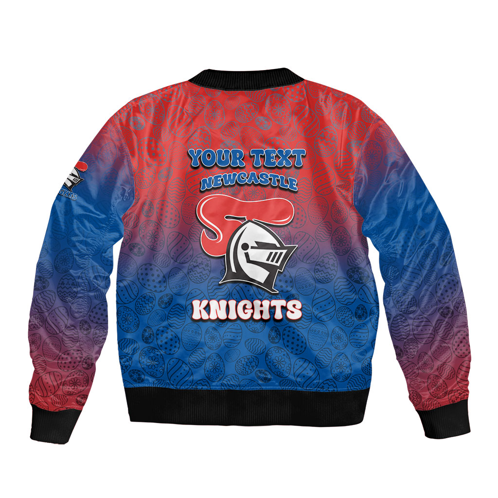 Personalized Newcastle Knights Sleeve Zip Bomber Jacket Easter Mascot - Colorful Eggs Cartoon Style