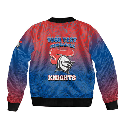 Personalized Newcastle Knights Sleeve Zip Bomber Jacket Easter Mascot - Colorful Eggs Cartoon Style