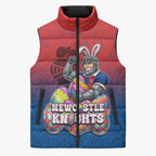 Personalized Newcastle Knights Sleeveless Puffer Jacket Easter Mascot - Colorful Eggs Cartoon Style