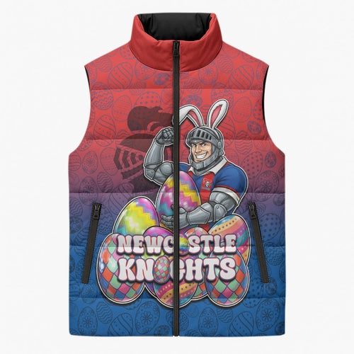 Personalized Newcastle Knights Sleeveless Puffer Jacket Easter Mascot - Colorful Eggs Cartoon Style