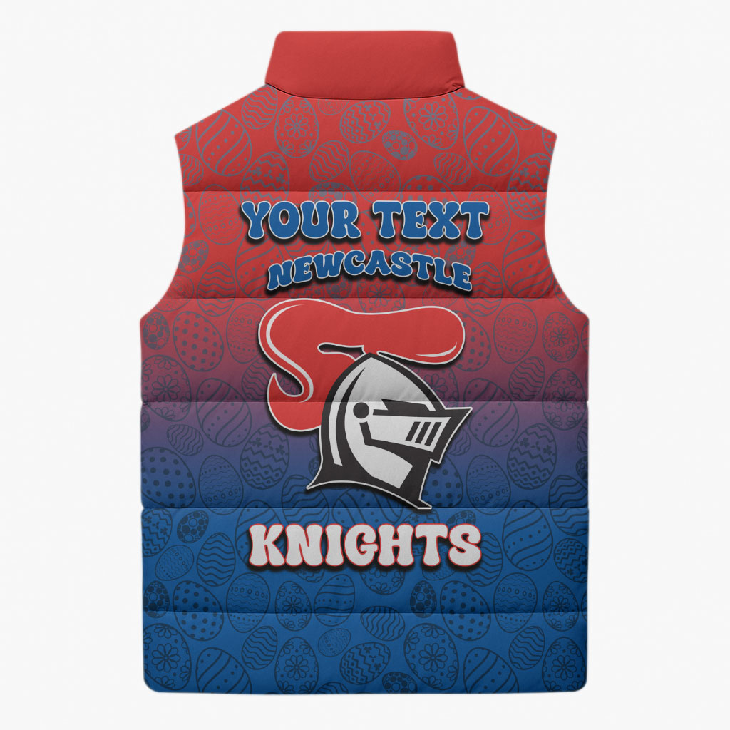 Personalized Newcastle Knights Sleeveless Puffer Jacket Easter Mascot - Colorful Eggs Cartoon Style