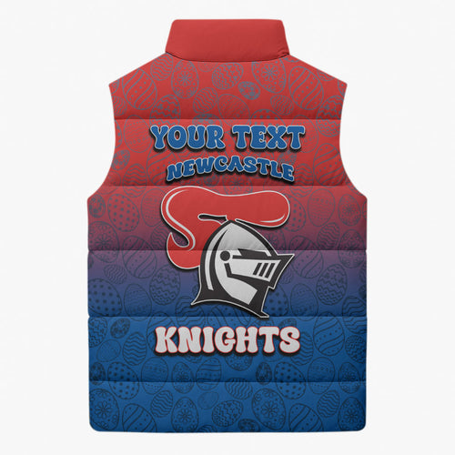 Personalized Newcastle Knights Sleeveless Puffer Jacket Easter Mascot - Colorful Eggs Cartoon Style