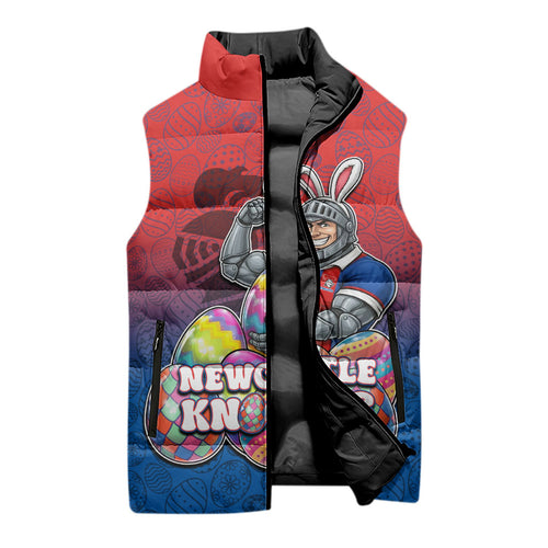 Personalized Newcastle Knights Sleeveless Puffer Jacket Easter Mascot - Colorful Eggs Cartoon Style