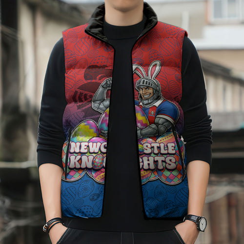 Personalized Newcastle Knights Sleeveless Puffer Jacket Easter Mascot - Colorful Eggs Cartoon Style