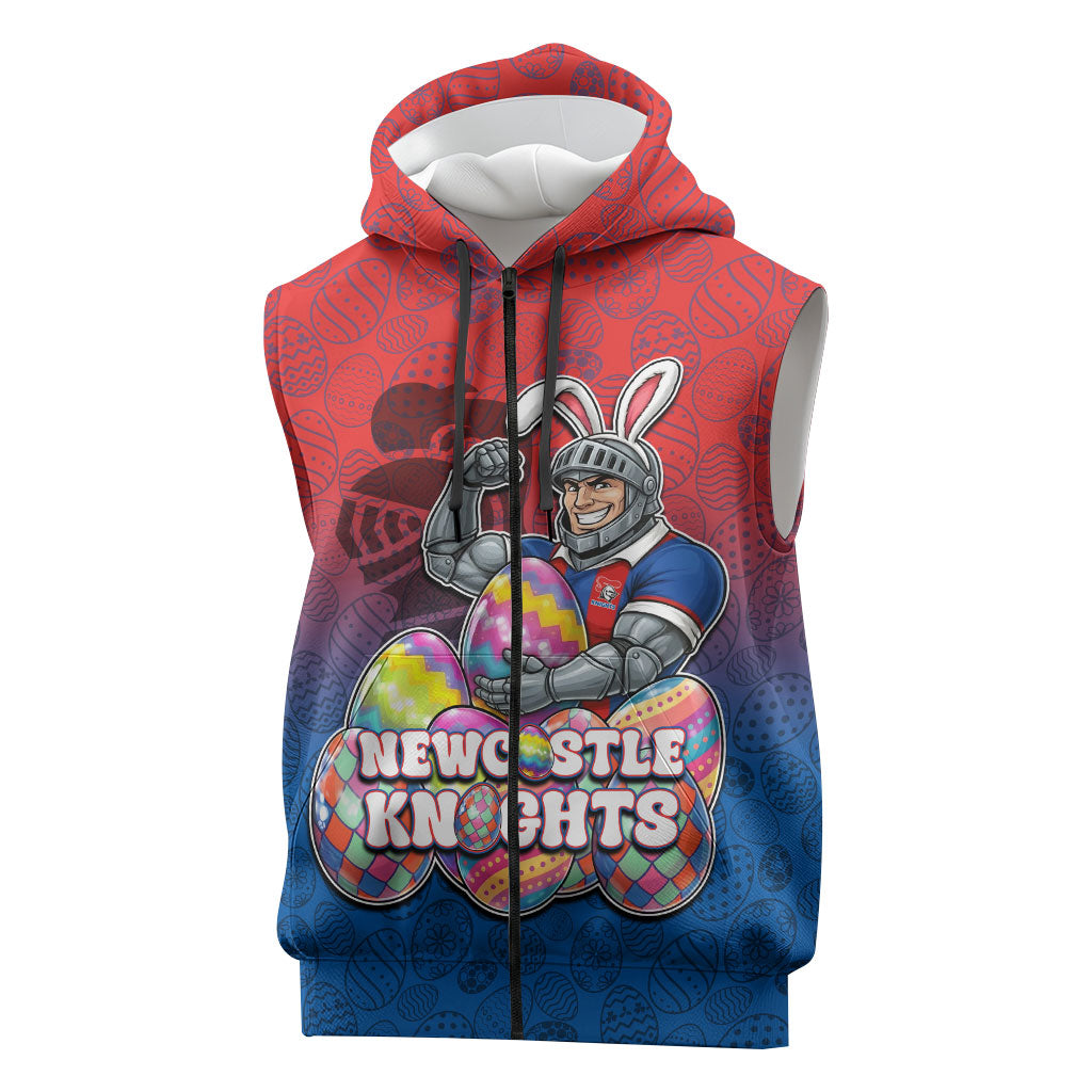 Personalized Newcastle Knights Sleeveless Zip Hoodie Easter Mascot - Colorful Eggs Cartoon Style