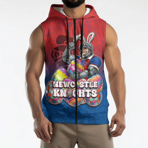 Personalized Newcastle Knights Sleeveless Zip Hoodie Easter Mascot - Colorful Eggs Cartoon Style