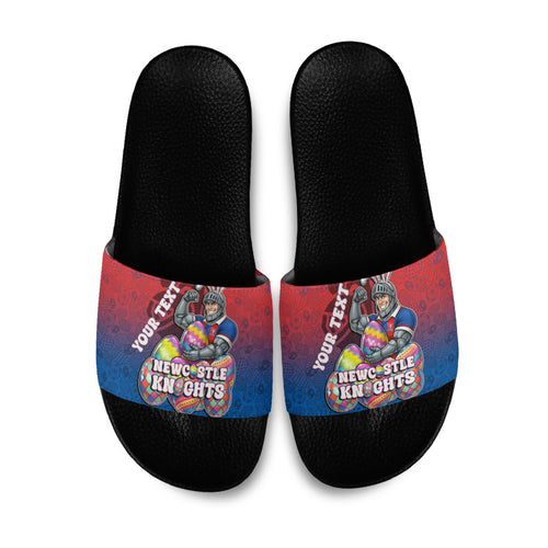 Personalized Newcastle Knights Slide Sandals Easter Mascot - Colorful Eggs Cartoon Style