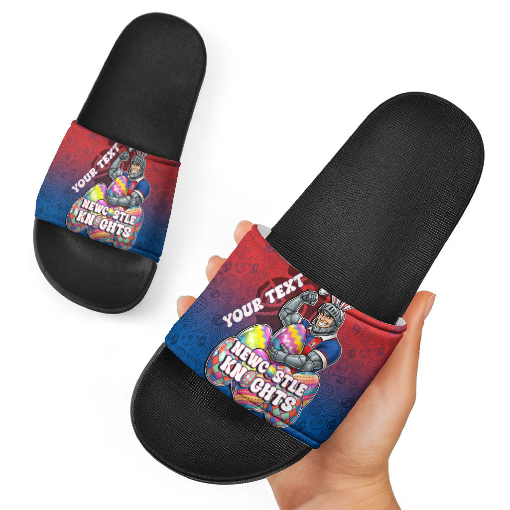 Personalized Newcastle Knights Slide Sandals Easter Mascot - Colorful Eggs Cartoon Style