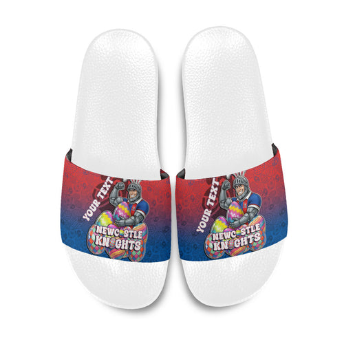 Personalized Newcastle Knights Slide Sandals Easter Mascot - Colorful Eggs Cartoon Style