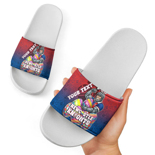 Personalized Newcastle Knights Slide Sandals Easter Mascot - Colorful Eggs Cartoon Style