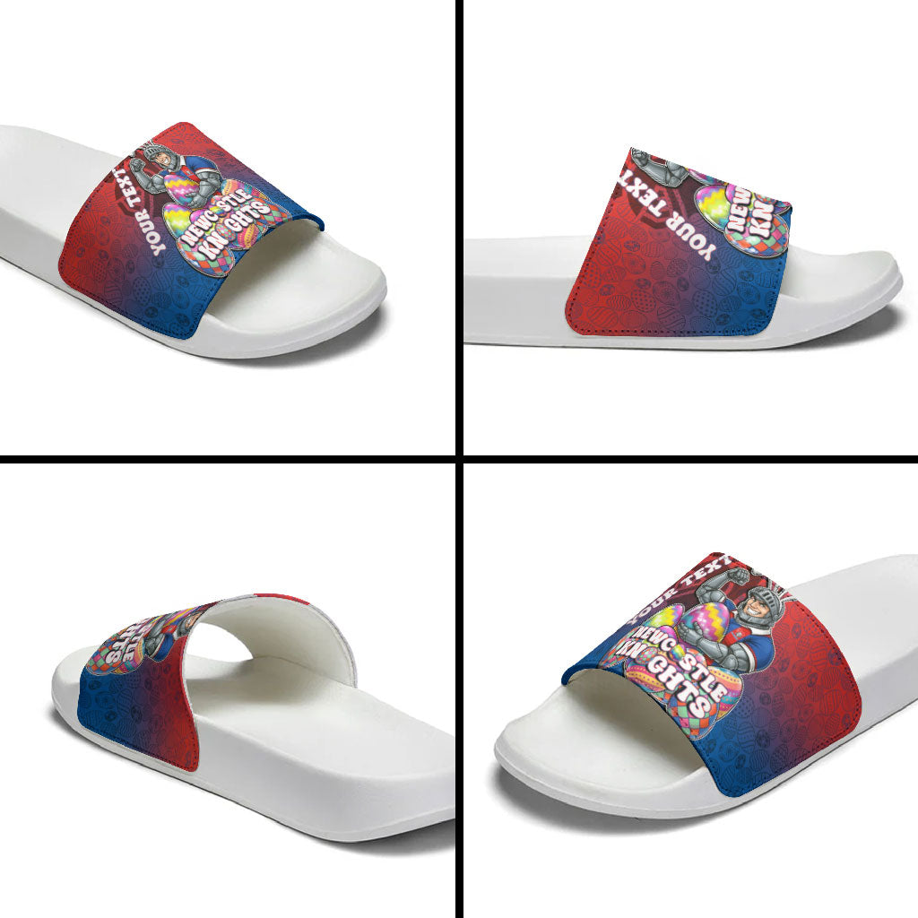 Personalized Newcastle Knights Slide Sandals Easter Mascot - Colorful Eggs Cartoon Style