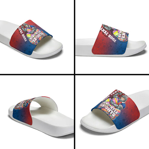 Personalized Newcastle Knights Slide Sandals Easter Mascot - Colorful Eggs Cartoon Style