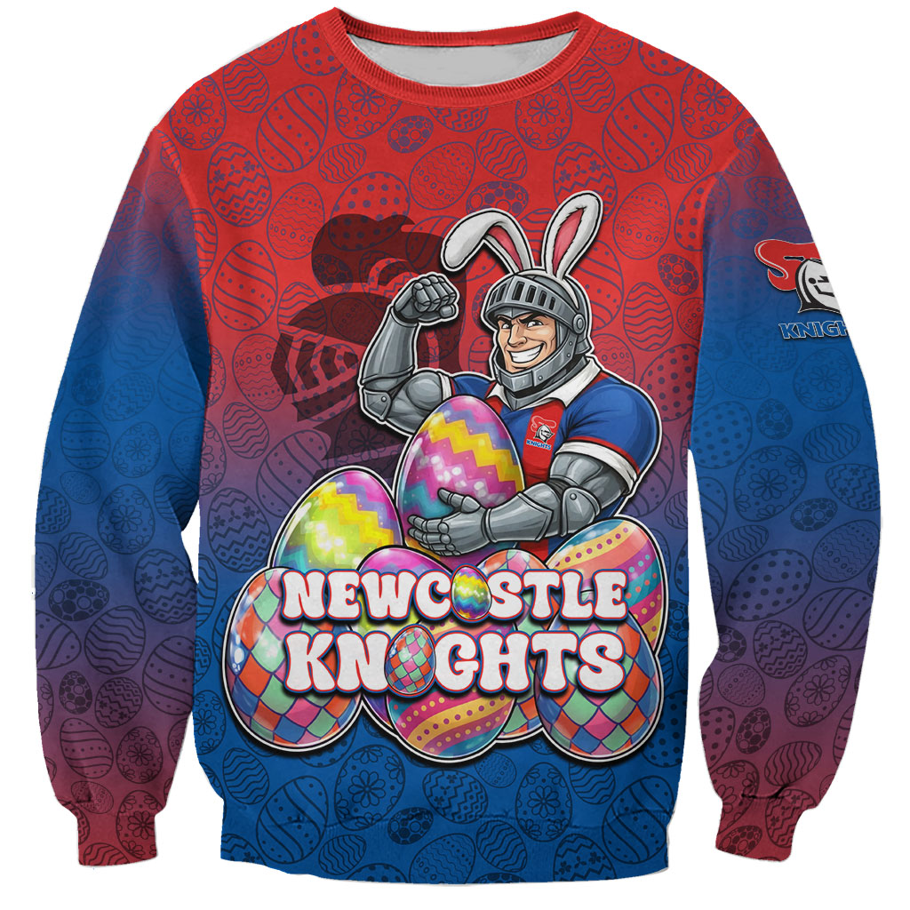 Personalized Newcastle Knights Sweatshirt Easter Mascot - Colorful Eggs Cartoon Style